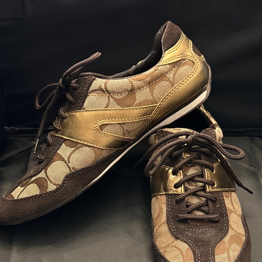 Women’s Coach Signature Lexey Tennis Shoes Brown Gold Monogram Size 6.5M